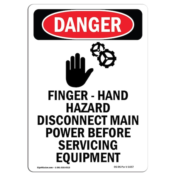 Safety Sign, OSHA Danger, 24" Height, Aluminum, Hand Hazard, Portrait